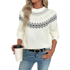 Weißer Damen Jacquard Sweater mit Rundhalsausschnitt Gesamtansicht